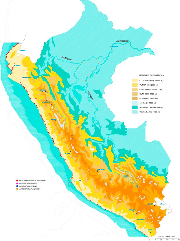 Fotografía 5. Mapa de la localización de desembarque de pesca artesanal y acuicultura en El Perú. (Datos IMARPE y Plan Nacional de Desarrollo Acuícola. Elaboración Gestimar)
